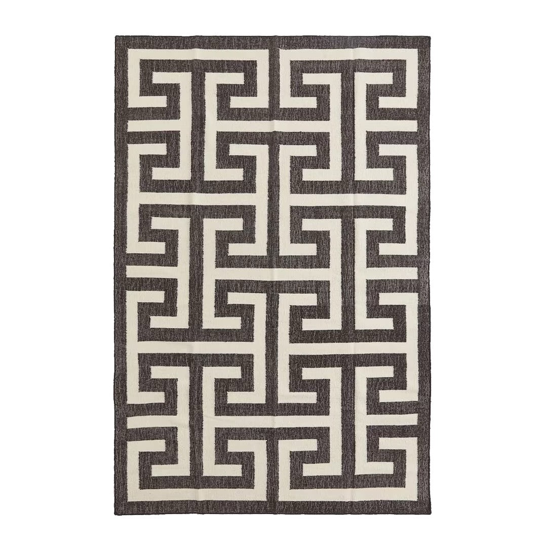 Handmade black and white Greek key rug with maze labyrinth pattern - geometric abaca jute flatweave rug - modern Greek fret design area rug