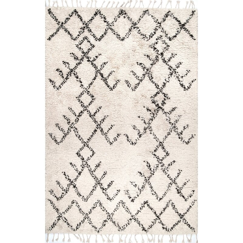 Handmade Moroccan shag rug in ivory white with black diamond Berber pattern - Beni Ourain style high pile wool rug with tassel fringe - boho geometric design