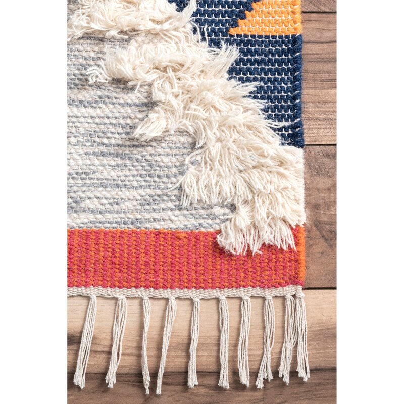 Colorful handwoven cotton rug with tassel fringe and textured white shag - boho festive rug for Diwali and holiday home decor