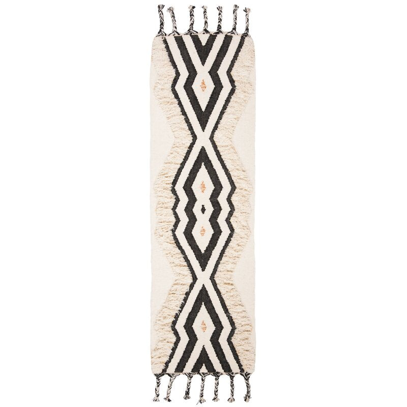 Handmade Moroccan Beni Ourain wool rug in ivory with black border and tassel fringe - high pile shag texture handmade in Bhadohi