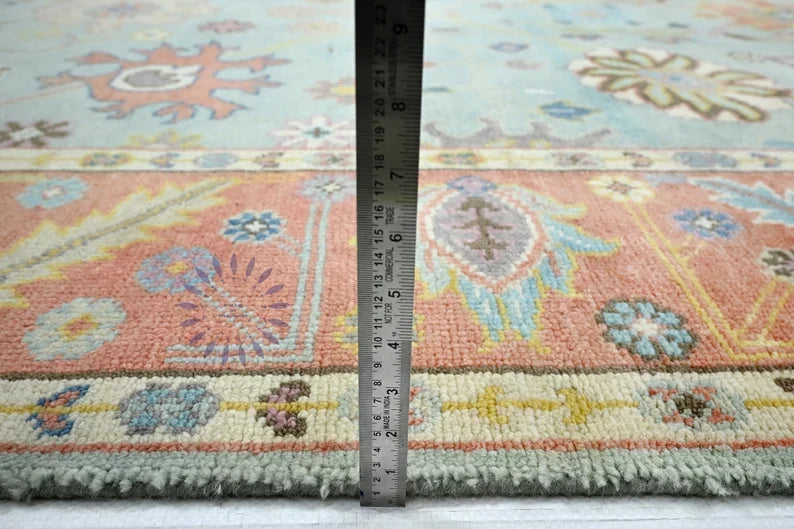 Rug thickness measurement - how to measure carpet pile height with scale - handmade Oushak rug thickness detail - 9mm thick wool rug - PiHue Creations Bhadohi