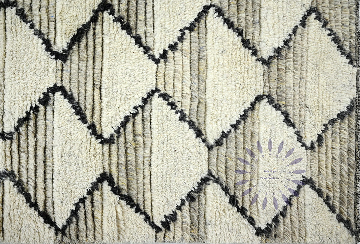 Ivory and Black Vintage Geometric Beni Ourain Shaggy Wool Rug – Hand-K