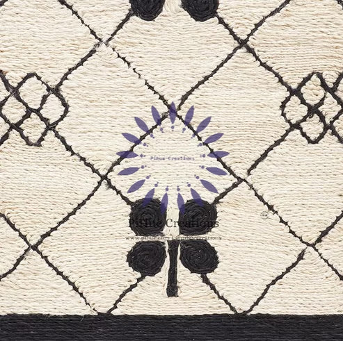 Ivory Abaca Hand-Embroidered Rug - Black Clover & Grid