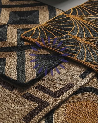 Black & Gold Abaca Fan Palm Rug - Art Deco Embroidery